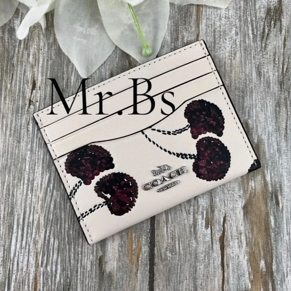 Coach Slim Id Card Case With Black Cherry Glittter Print Bag Wallet Purse